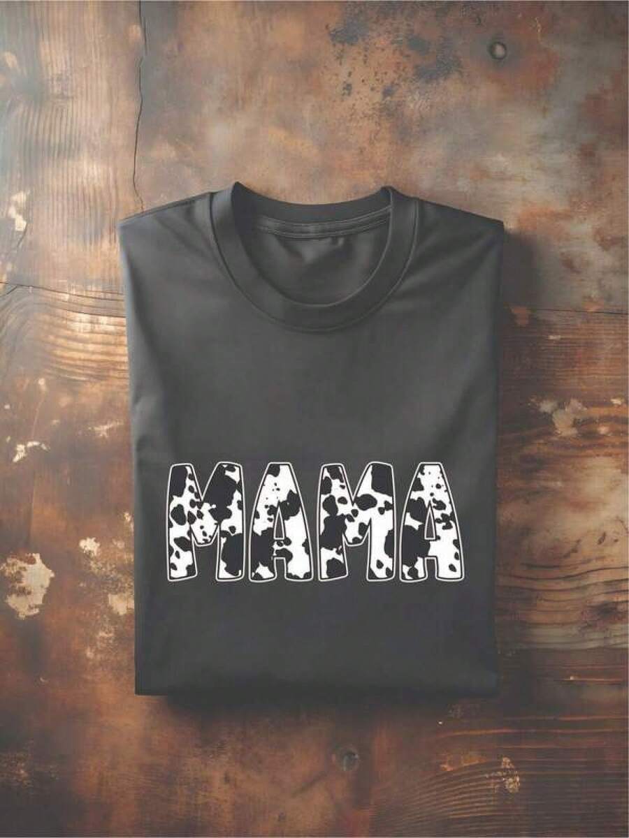 Plus Size Graphic T-Shirts For Women With Cow Print,  Western Style Mom T-Shirt TM35, Gift T-Shirt For Cow Lovers, Casual Gift T-Shirt For New Moms, Mother's Day Gift Idea, 100% Cotton Casual T-Shirt For Women, Mother's Day Gift, Women's Printed Casual T-Shirt, Short Sleeve And Round Neck, Spring/Summer Local Urban Fashion. - 黑色 - 查看 1