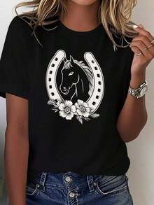 Women's T-Shirt With Horseshoe Design, Pure And Comfortable, Gift For Birthday, Christmas, Mother's Day, Valentine's Day, Casual Black Short-Sleeved Round Neck T-Shirt. - 黑色 - 查看 1