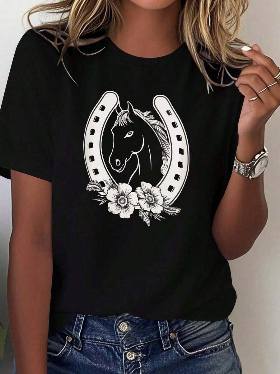Women's T-Shirt With Horseshoe Design, Pure And Comfortable, Gift For Birthday, Christmas, Mother's Day, Valentine's Day, Casual Black Short-Sleeved Round Neck T-Shirt. - 黑色 - 查看 1