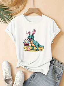 ¡Oferta por tiempo limitado, unidades limitadas,  relámpago! Camisas casuales para mujer, camisetas de poliéster para mujer, camisas elegantes. Camiseta de manga corta para mujer, corte regular - Diseño geométrico 2D rosa con un dinosaurio de dibujos animados con orejas de conejo y portando un cesto de huevos colorido, estilo urbano moderno |   Adecuada para vacaciones y ocio |   Ideal para ambiente festivo - Blanco - Ver 1