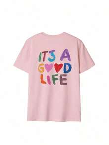 Camiseta de manga corta con cuello redondo y estampado de eslogan colorido para mujer, nuevo estilo de verano, adecuada para uso diario.Vacaciones, Camiseta Gráfica para Mujer, Top Blanco para Mujer - Rosa - Ver 4