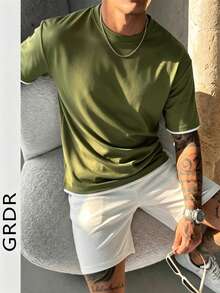 GRDR 男士经典二合一圆领短袖T恤，时尚简约通勤百搭 - 軍綠色 - 查看 1