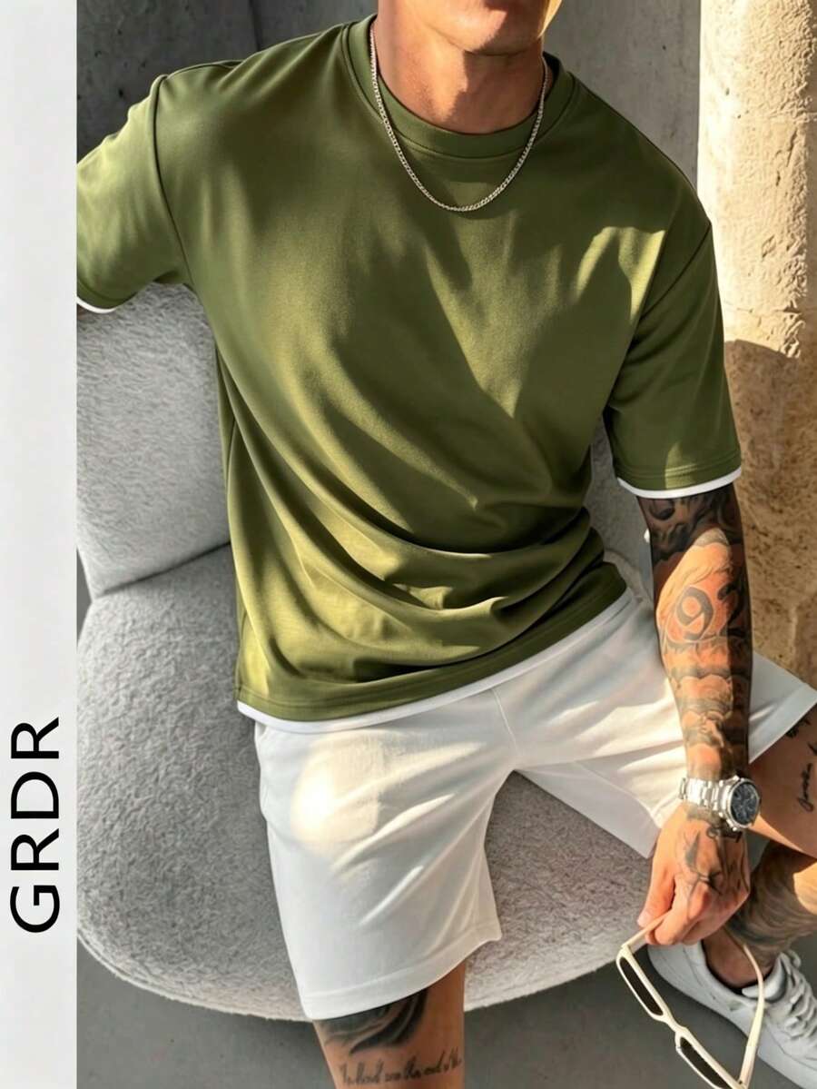 GRDR 男士经典二合一圆领短袖T恤，时尚简约通勤百搭 - 軍綠色 - 查看 1