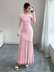 Vestido largo de manga larga con cuello redondo y malla para mujer, vestido casual de otoño.Adecuado para ropa de otoño, atuendo de regreso a clases, atuendo de maestro - Rosa - Ver 4