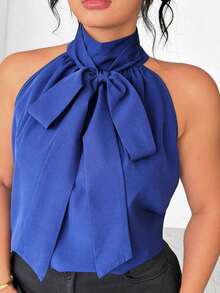 Blusa de mujer talla grande con cuello alto y lazo, elegante para uso al aire libre - Azul marino - Ver 5