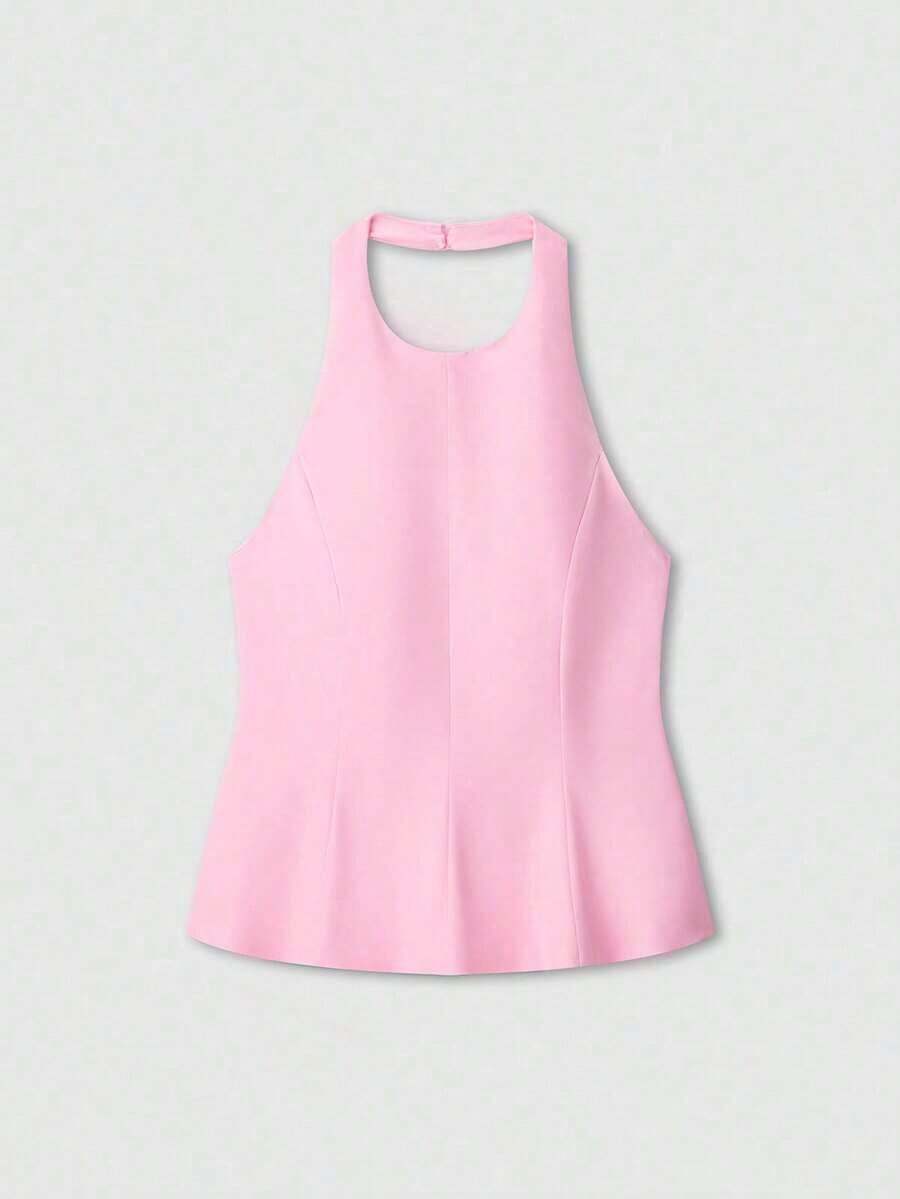 Top sin mangas de cuello halter de unicolor minimalista para mujer, rosa, de verano - Rosa - Ver 1