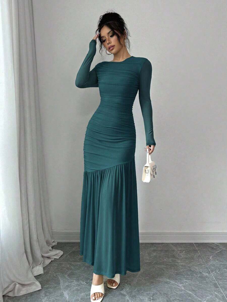Vestido largo de manga larga con cuello redondo y malla para mujer, vestido casual de otoño.Adecuado para ropa de otoño, atuendo de regreso a clases, atuendo de maestro - Agua verde azul - Ver 1