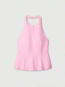 Top sin mangas de cuello halter de unicolor minimalista para mujer, rosa, de verano - Rosa - Ver 7