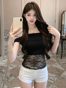 2026 Lace Patchwork Open Shoulder Knit Top, Fitted Black Short Knit Sweater, Sweet & Cool Knit Sweater For Young Ladies, Suitable For Spring/Summer Daily, Party, Music Festival, Elastic Knit Fabric, Slim Fit For Women 18-35 Years Old - Black - View 6