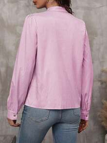 LUNE Blusa con estampado de rayas de cuello con cordón de manga farol - Rosa - Ver 2