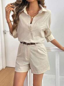 Conjunto informal de camisa y pantalones cortos de algodón con bolsillo y comodidad - Albaricoque - Ver 6