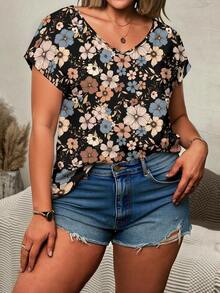Blusa informal de talla grande con cuello en V, mangas tipo murciélago y estampado floral para el verano, ideal para vacaciones - Multicolor 4 - Ver 4
