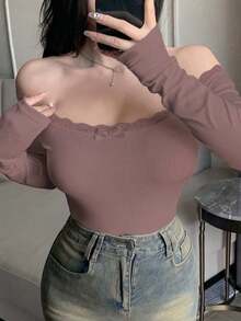 Camiseta ajustada para mujer con hombros descubiertos, con encaje y lazo de contraste, manga larga, top con hombros descubiertos - Rosa - Ver 7