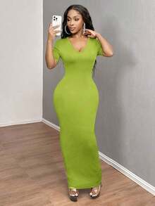 Vestido ajustado corto de manga corta con cuello en V liso para baile de graduación - Verde Oliva - Ver 3
