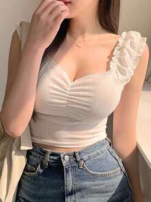 Top de camisola fruncido para mujer, top de cami ajustado y versátil - Blanco - Ver 1