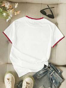 Camiseta gráfica para mujer, nuevo diseño de verano, blanca con bordado de corazón rojo y diente de perro, para uso al aire libre, estilo callejero, uso casual, citas, camiseta de manga corta para mujer - Blanco - Ver 2