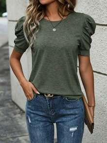 Selamara Camiseta casual de verano para mujer, de unicolor, cuello redondo y manga abullonada - Verde militar - Ver 5