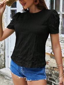 Blusa de manga corta con textura sólida y mangas tipo farol  VCAY - Negro - Ver 4
