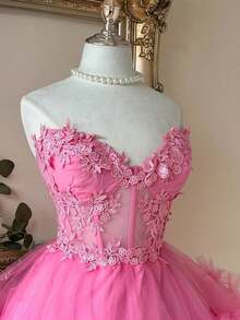 Elegante y lujoso vestido corto hecho a mano con aplicaciones bordadas, encaje de ganchillo y parches de satén, con abertura en la cintura, adecuado para citas, fiestas de solteros, galas, bailes, Día de San Valentín - Rosa - Ver 2