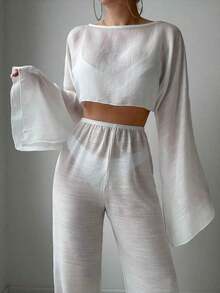 Conjunto de 2 piezas para vacaciones de primavera de mujer con top con cintura entrelazada de unicolor y manga larga holgada que deja el ombligo al descubierto, estilo bohemio de festival - Blanco - Ver 5