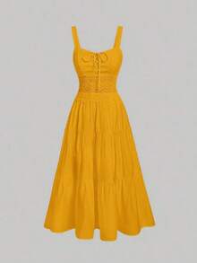 MOD Vestido de tirantes unicolor con cordón bajo con fruncido - Amarillo - Ver 5