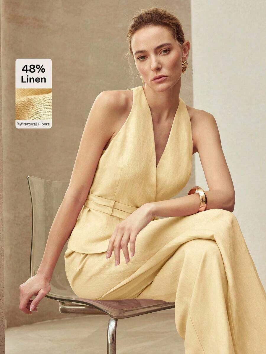 PREMIUM CHALECO DE LINO CON DOBLE LAZO EN LA CINTURA, PRIMAVERA/VERANO - Amarillo - Ver 1