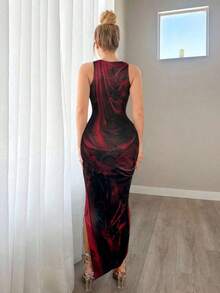 Vestido ajustado sin mangas con estampado de teñido anudado - Rojo - Ver 2