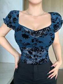 Blusa de mujer de manga corta con cuello cuadrado, fruncido, de malla floral, casual, crop top, para volver al colegio, azul, Pascua - azul real - Ver 6