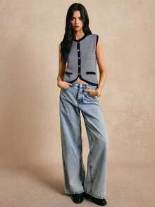 Nueva llegada Chaleco de punto de bloques de color y rayas, Elegante chaleco sin mangas para damas, Blusas para mujer, Blusas para salir en otoño/invierno - Azul - Ver 3