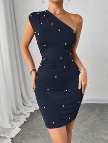 Vestido corto de mujer con decoración de perlas falsas, unicolor y hombro asimétrico - Azul marino - Ver 3