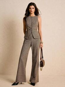 Traje vintage de pata de gallo marrón, conjunto de 2 piezas de chaleco y pantalones de pata de gallo de mujer para uso casual y formal, conjunto de pantalón ancho y chaleco, conjunto de dos piezas de tweed sin mangas para el invierno - Marrón - Ver 2