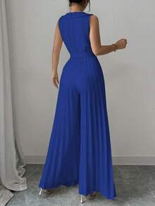 Mono plisado con diseño de chaleco cruzado elegante para mujer, color albaricoque, para primavera y otoño - azul real - Ver 2