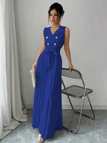 Mono plisado con diseño de chaleco cruzado elegante para mujer, color albaricoque, para primavera y otoño - azul real - Ver 3