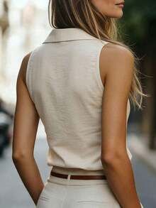 Blusa sin mangas de lino tipo mandarín con cuello, versátil y estilizadora para ir al trabajo - Albaricoque - Ver 2