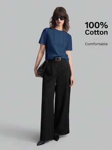 2026 Primavera/Verano Camiseta casual de mujer de manga corta con diseño de rayas de unicolor y cuello redondo, adecuada para el estilo casual urbano, la moda minimalista, el transporte urbano, la sencillez elegante, el Día del Maestro, la tela de p - Azul marino - Ver 5