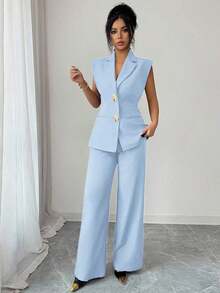 Conjunto de blazer de unicolor con decoración de hebilla metálica y bolsillo falso + pantalones rectos de cintura alta y sueltos, estilo vintage francés elegante para oficina, viajes, negocios, casual, citas, primavera/verano - Azul - Ver 5