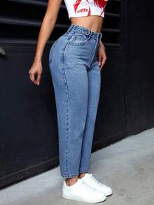 Pantalones vaqueros informales de mujer con bolsillos de forma cónica y multiusos - Azul lavado medio 2 - Ver 4