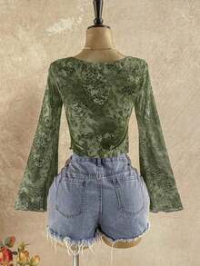 Women's Vacation Back To School Fall Floral Print V-Neck Long Sleeve Babydoll Vintage Tops, Bohemian Sheer Top Boho Blouses Vintage Tops Women Bohemian Top Boho Tops For Women WFED - 綠色 - 查看 2