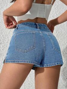 Pantalones cortos de mezclilla casuales y versátiles de unicolor con bolsillo para mujer - Lavado ligero - Ver 2