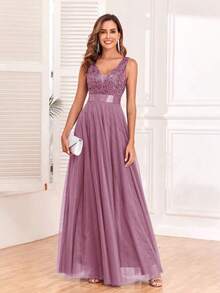 Vestido de dama de honor formal de línea A con escote en V sin mangas, bordado y de malla, vestido de fiesta elegante, vestido de invitado de boda formal, vestido de ceremonia de graduación, vestido de noche de primavera - Rosa vieja - Ver 8