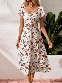 Frenchy Vestido con botones frontales, mangas con volantes y estampado floral para vacaciones de verano de mujer - Cafetería - Ver 3