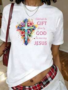 Celebrate Easter, Floral Cross Print T-Shirt "Jesus, The King Has Risen", Short Sleeve Crew Neck T-Shirt, Casual Top For Summer And Spring, Plus Size Clothing For Women - 白色 - 查看 8