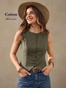 Cárdigan de algodón de color café retro francés estilo boho casual para vacaciones, parte superior de algodón marrón para oficina para mujer, vestimenta occidental, parte superior marrón, parte superior marrón para mujer, casual de negocios, blusas casuales, blusas tipo tanque estilo francés para mujer - Verde - Ver 8