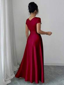 Vestido elegante y romántico para mujeres con cuello en V, mangas cortas y cintura ceñida - Rojo - Ver 2