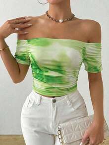 Camiseta de manga corta plisada con cuello recto en línea - Verde - Ver 4