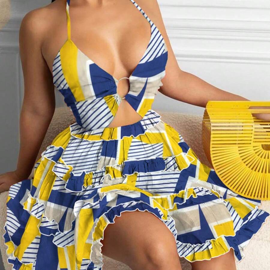 Vestido primavera mujer estampado, estilo sensual, escote al cuello con tirantes, calados y corte en capas - Amarillo - Ver 1