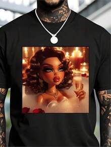 1 Piece Unisex Casual T-Shirt -  Style. Unique T-Shirt With A Y2K Design Of An Elegant Woman In A Bubble Bath With Candles And Roses, Perfect For Highlighting Your Modern And Daring Style. Ideal For Lovers Of Fashion And Trending Aesthetics In Mexico. - 黑色 - 查看 6