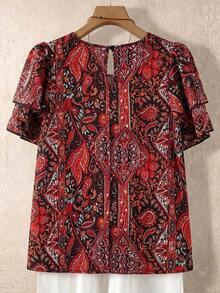 Blusa casual de mujer talla grande de unicolor con cuello redondo, mangas de doble capa, corta, plisada, versátil y de moda para el verano y vacaciones - Rojo - Ver 2