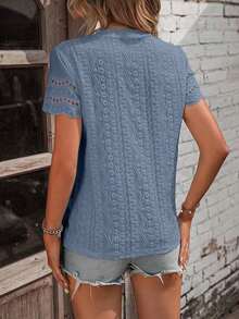 Blusa casual de cuello redondo de manga corta para mujer, con borde de encaje hueco y sencilla - Azul - Ver 2