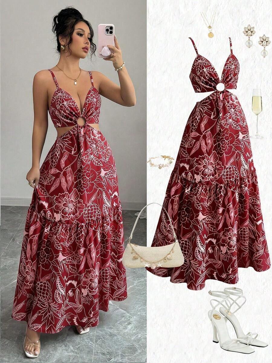 xheElenzga Vestido casual/de trabajo de longitud media sin mangas con estampado que estiliza la línea de la cintura para mujerxhe - Rosa Roja - Ver 1